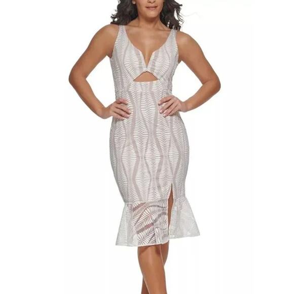 GUESS Embroidered Mesh Sleeveless Illusion Dress Floral Cut-Out Midi White Nude - Picture 1 of 10